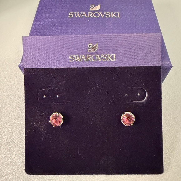 NWOT Swarovski Birthstone Crystal Stud Earrings Round Cut, Rhodium Plated, Feb. - Picture 3 of 11